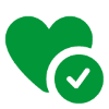 A green icon of a heart with a circle checkmark next to it.