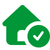 A green icon of a house with a checkmark next to it.