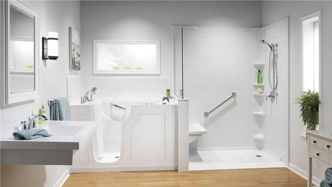 Spacious bathroom with both walk-in tub and walk-in shower with accessibility features.